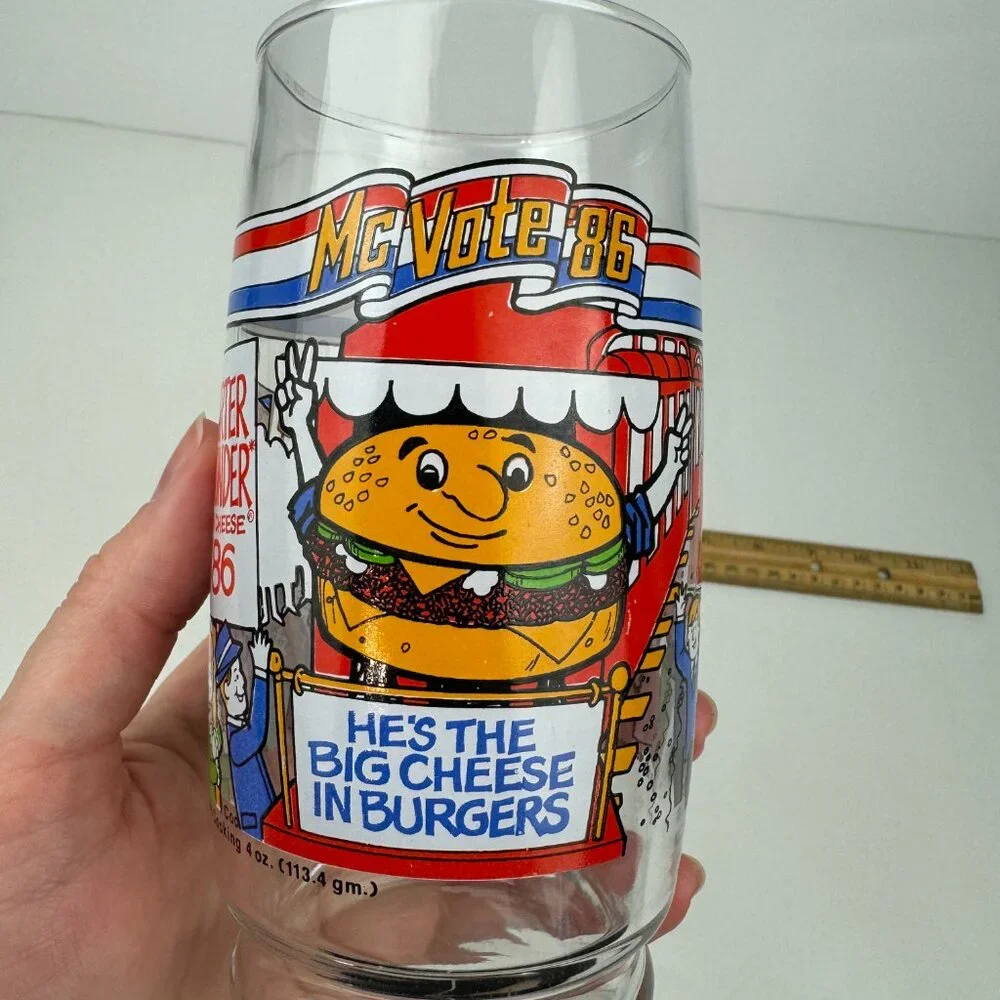 Vtg 1986 McDonalds Mc Vote Clear Drinking Glass‎ Thin Cheese Burger Collectible